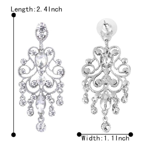 Silver with White Diamond Austrian Crystal Banquet Chandelier Post Back Earrings - Picture 5 of 5